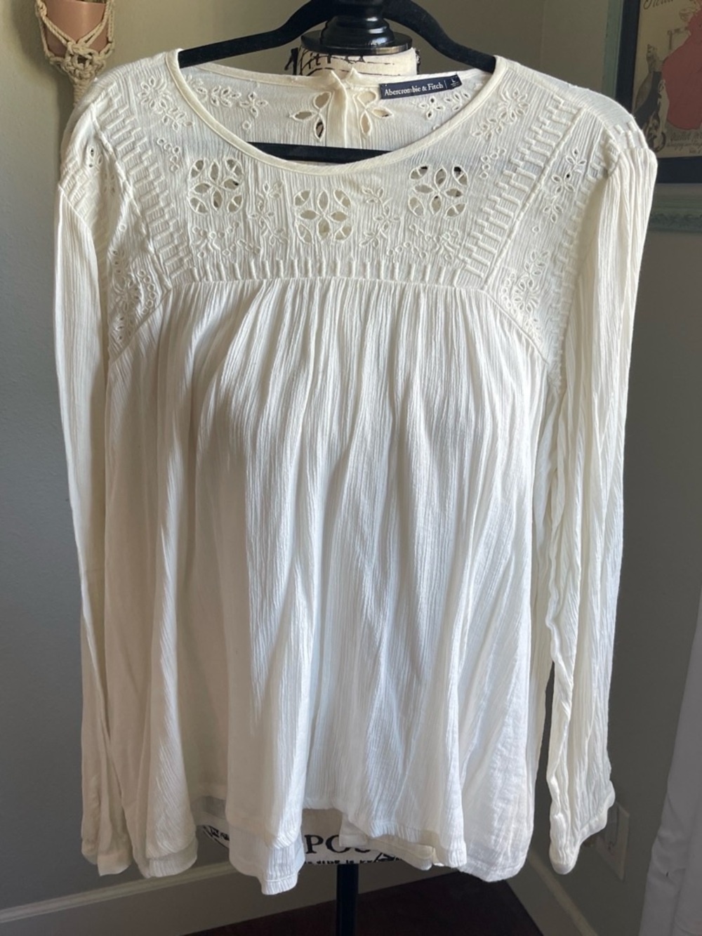Abercrombie & Fitch Cream Long-Sleeve Embroidered Peasant Blouse